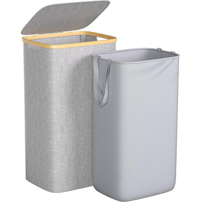 Grand panier à linge, panier à linge imperméable 100L avec couvercle et sac amovible, grand panier à linge pliable avec poignées en bambou pour les jouets dans la chambre de la chambre à coucher, gris