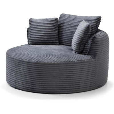 Chaise ronde en velours côtelé à assise profonde avec 3 coussins, sans assemblage requis, idéale pour le salon et la chambre à coucher, gris