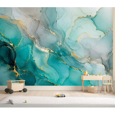 Papier peint adhésif autocollant amovible, turquoise, sarcelle, or, fluide, art, marbre, papier contact amovible, décoration murale pour salon, chambre à coucher H 69 po x l 96 po