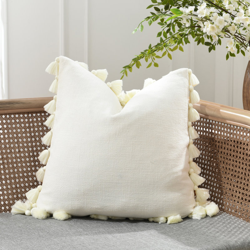 Coussin décoratif en coton Tassels, Blanc crème