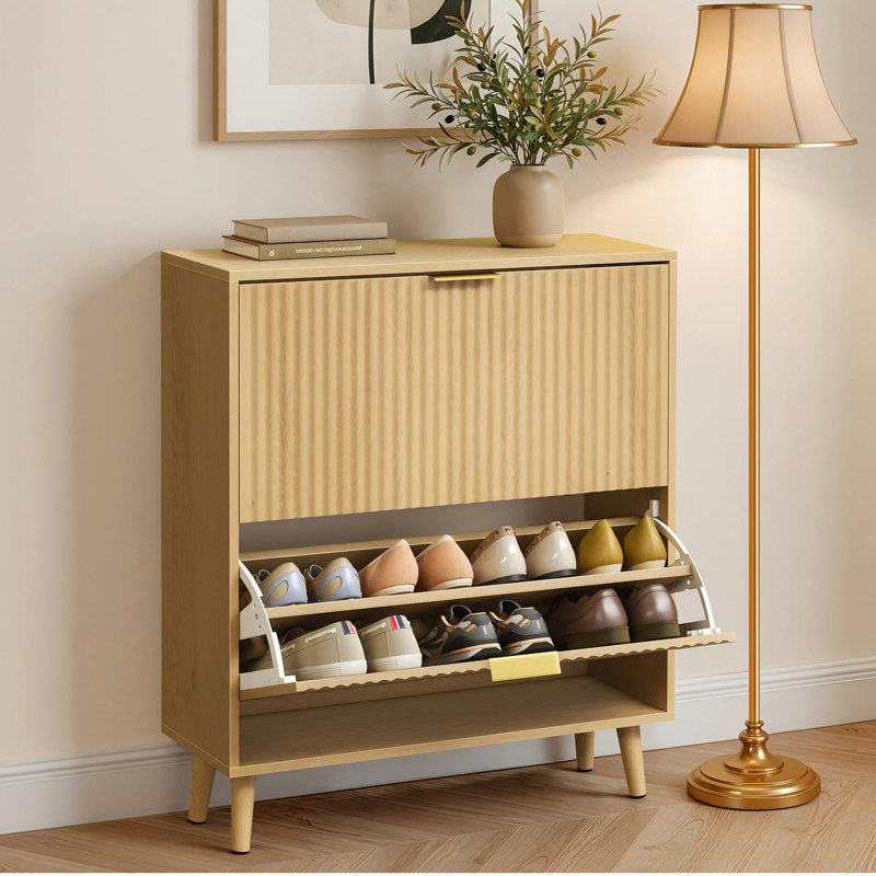 16 Pairs Shoe Cabinet with 2 Flip Drawers, Freestanding Fluted Entryway Shoe Storage, Beige