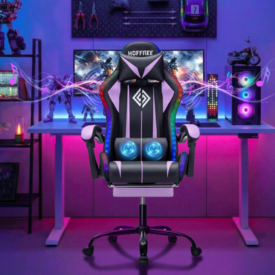 Hoffree LED Ergonomic Gaming Chair with Bluetooth Speakers and Vibration Lumbar Pillow