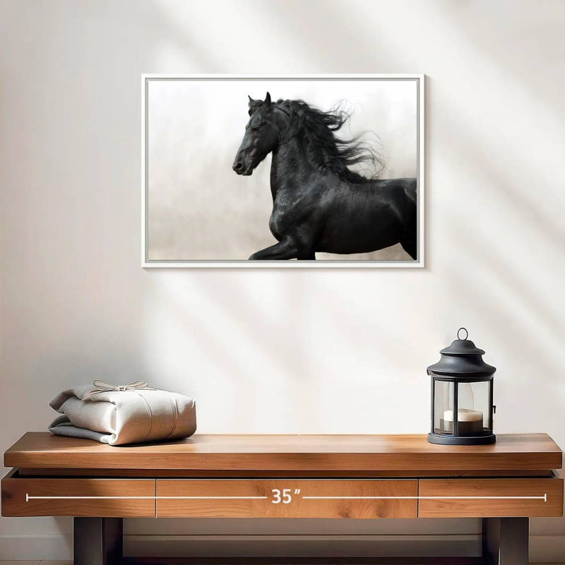 Cheval frison noir, Cadre flottant blanc, 19 po x 13 po
