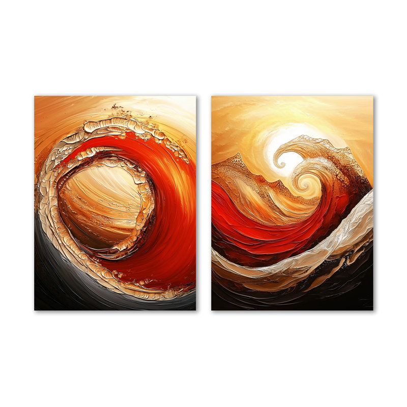 «Abstract Landscape Desert in Golden Wave II», ensemble de 2 décorations murales contemporaines rouges en métal