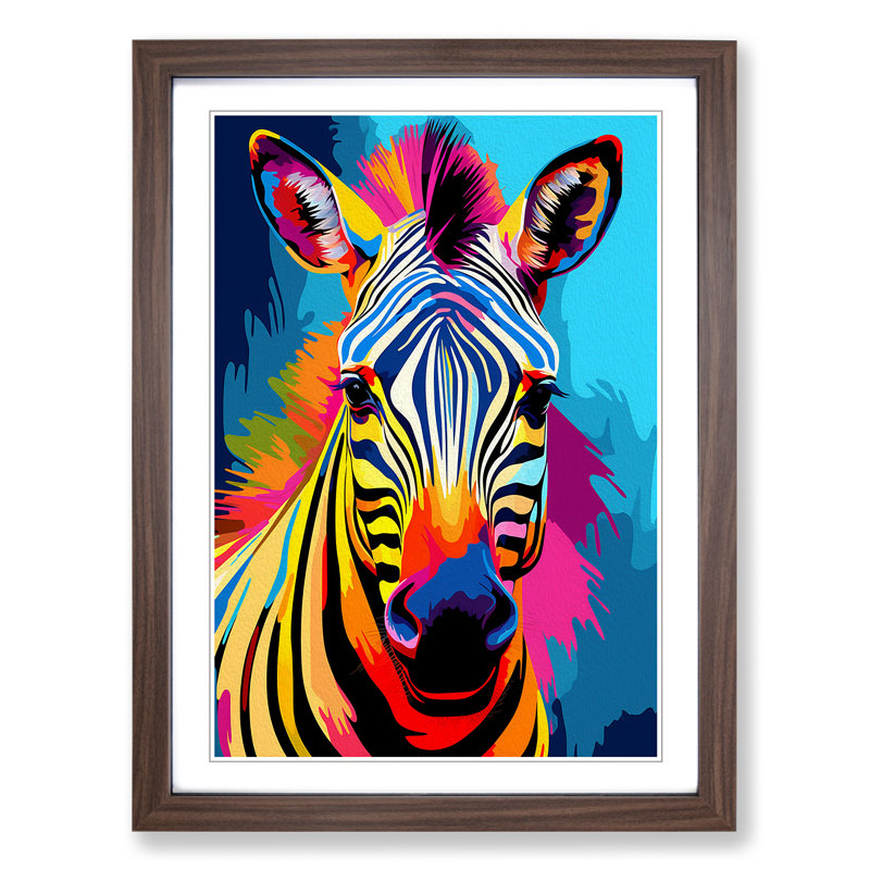 XYZ-FRM-V1223-1744 Zebra Pop No.2 - Single Picture Frame Print on Wood, 64cm H x 46cm W x 2cm D, Walnut 