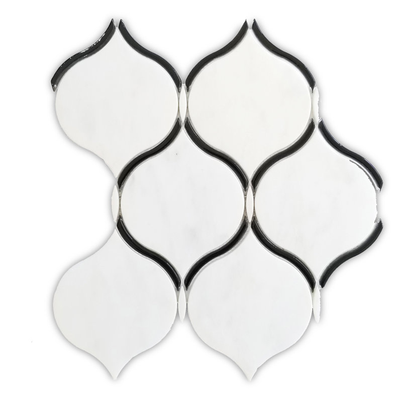 10 in. x 11 in. Arabesque Polished Stone Tile, White/Black