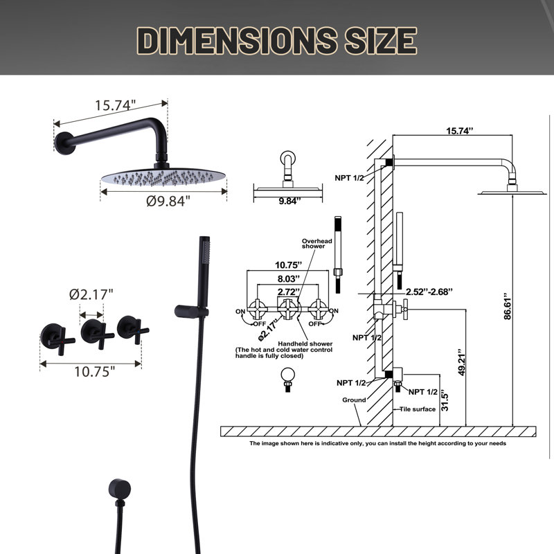 Rain Shower System Set 3 Cross Knobs Mixing, 10 Inch Rainfall Shower Head with Handheld Spray with Rough-in Valve, Black