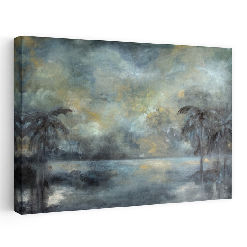 «Moody Tropical Reflections Dramatic Dreamy Peaceful Palm Tree Coastal Landscape», art mural, H 32 po x l 48 po