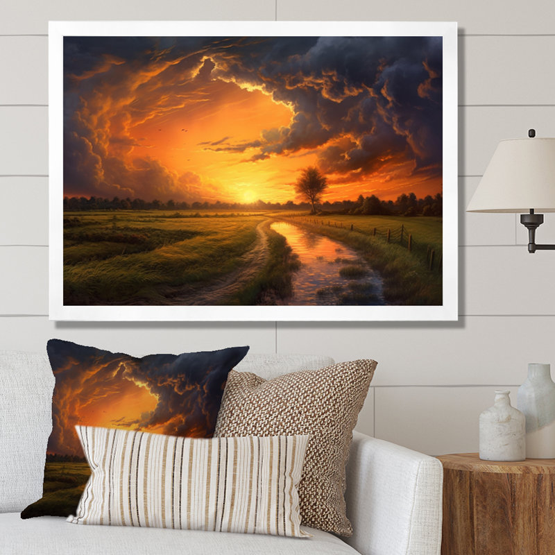 Un seul arbre au bord de l'eau dans les champs de Flandres - impression, H 34 po x l 44 po x P 1,5 po, Cadre simple blanc
