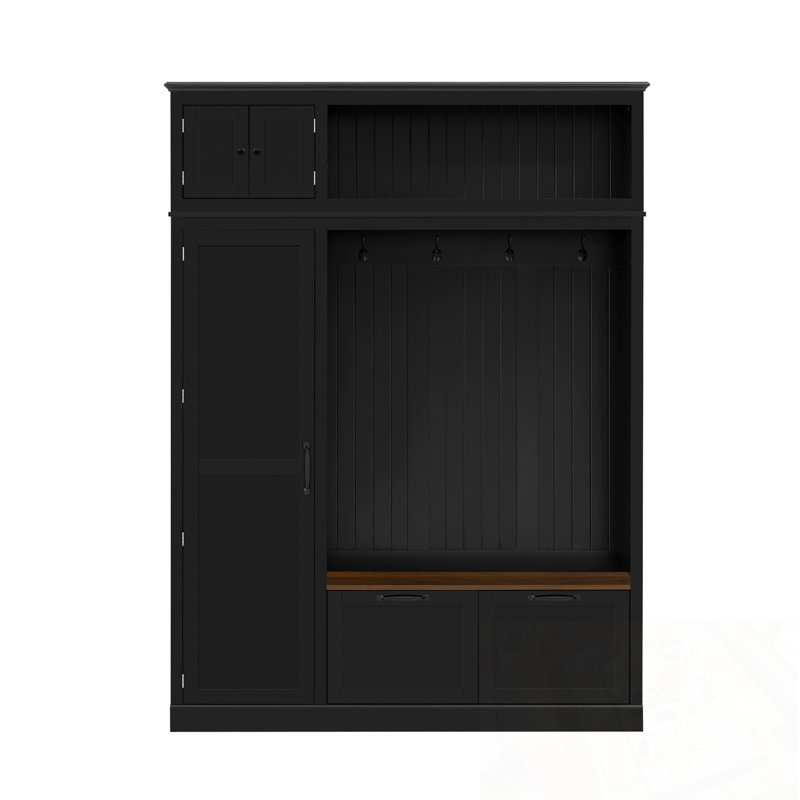 3-in-1 Hall Tree with Overhead Storage Cabinet, 3 Adjustable Side Shelves, 4 Heavy-Duty Hooks, 2 Spacious Drawers, Grooved Back Panel Design, Contrasting Seat Bench, Multifunctional Entryway Organizer