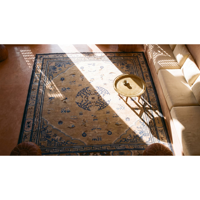 Antique Square Room Size Ivory and Blue Chinese Ningxia Rug