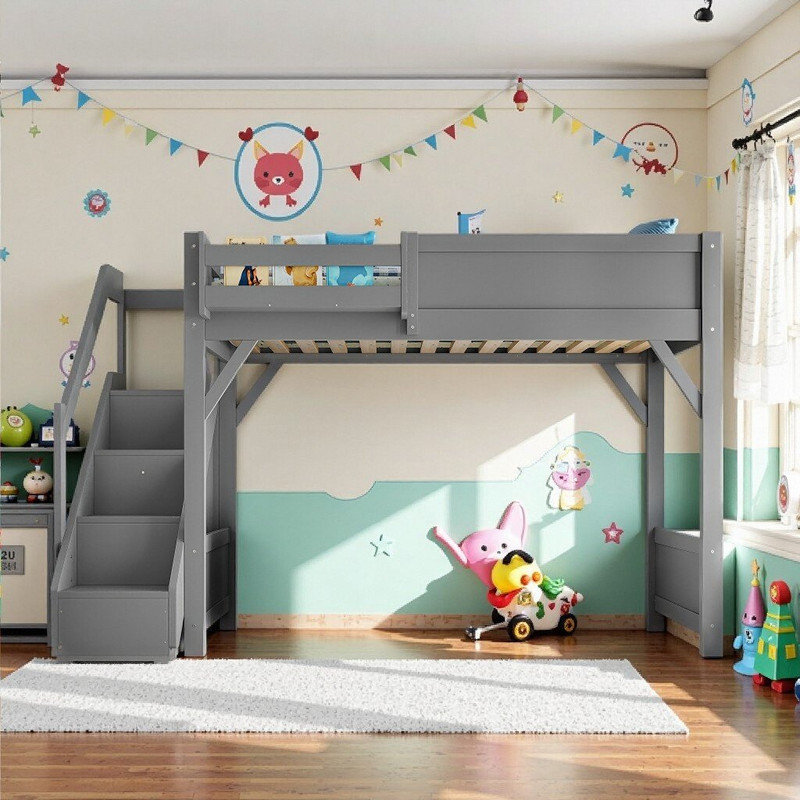 Twin\Full Size Solid Wood Loft Bed With Built-in Wardrobe Storage Shelves & Stairs, Gray, Twin