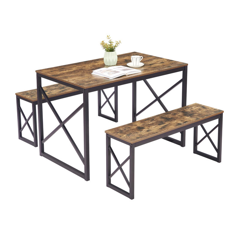 Kitchen Table With 2 Benches For 4, 43.3'' Wood Dining Room Dinette Sets With X Metal Frame For Breakfast Nook And Small Space, Brown