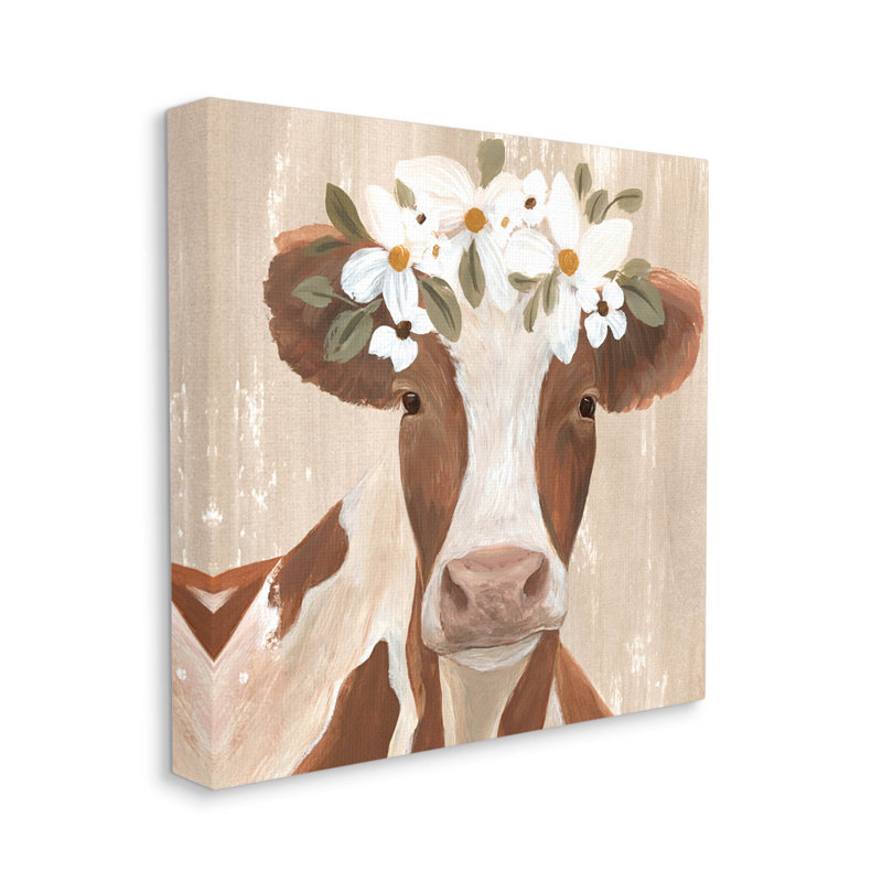 Rustic Cow Portrait Flower Blossoms Canvas Wall Art, 24" x 24"