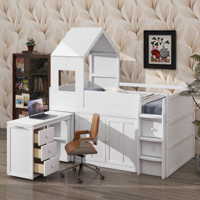 Lit mezzanine simple adapté aux enfants et aux adolescents, avec bureau et armoire, structure de maison en bois avec toit, tiroirs et rangement