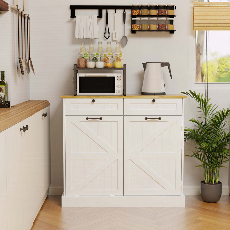 Armoire de rangement pour poubelle de cuisine avec poubelle basculante, tiroirs et tablettes - Blanc