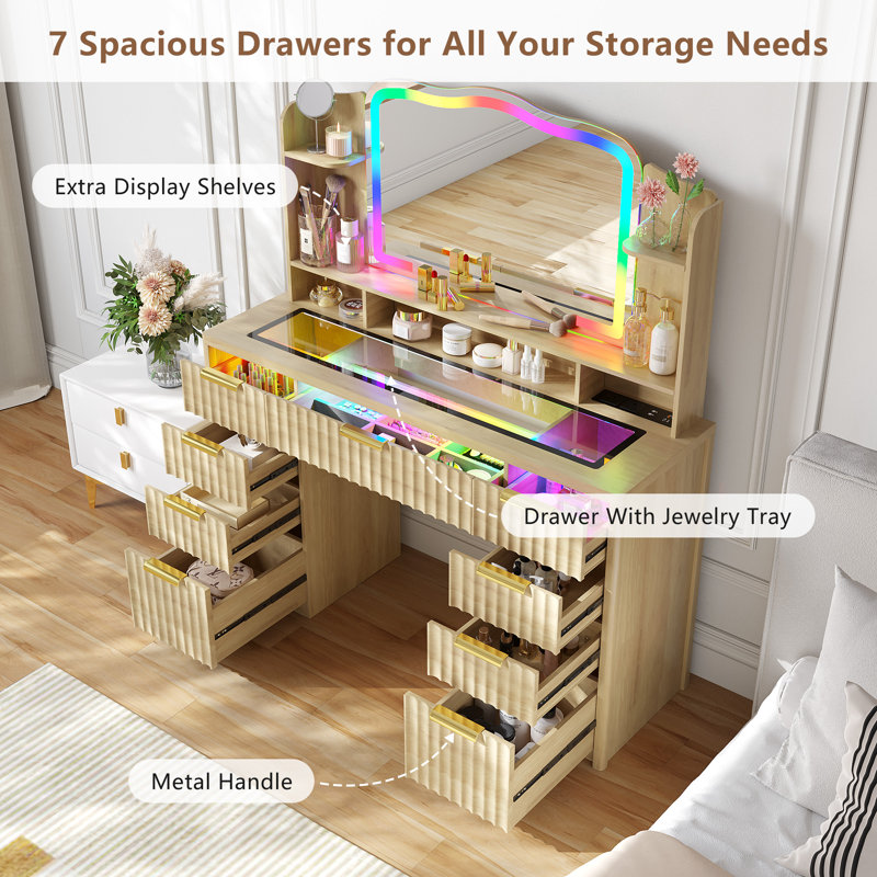 Modern Large Dressing Table with 9 Drawers, Tempered Glass Top, RGB Light Mirror, and Charging Station, Natural