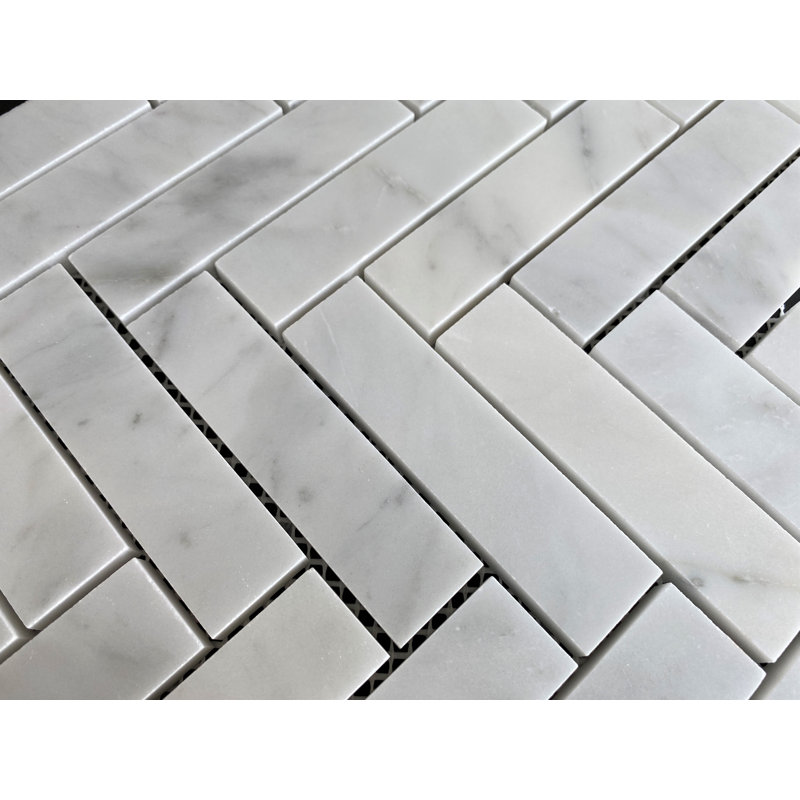 1" x 4" Marble Herringbone / Chevron Mosaic Wall & Floor Tile, White Carrara