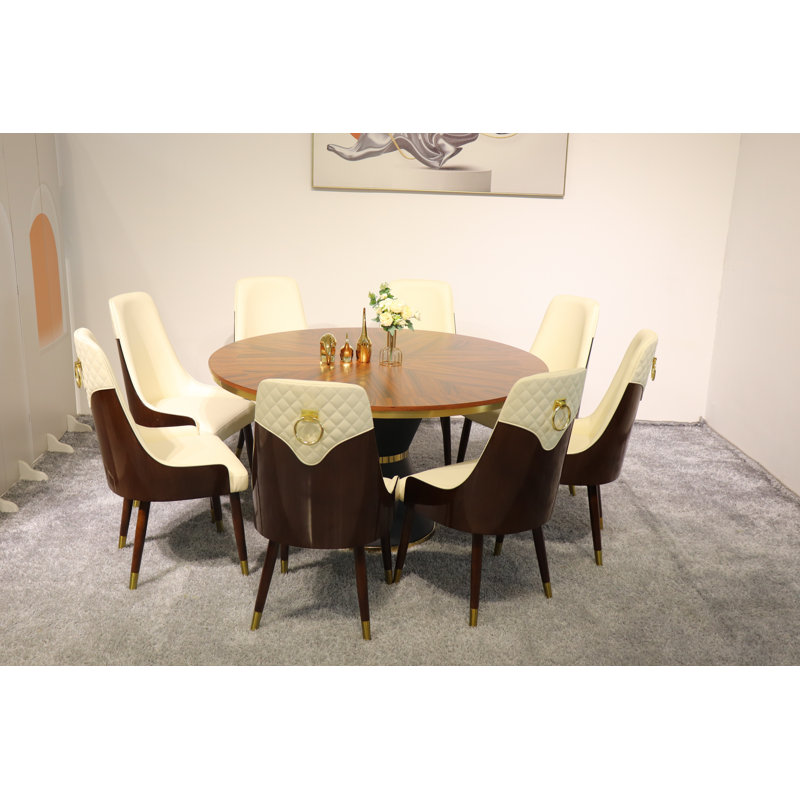 Vogue Lux Orange 61" Round Dining Set, Beige, 9 Pieces: Table, 8 Chairs, 31" H x 61" W x 61" D