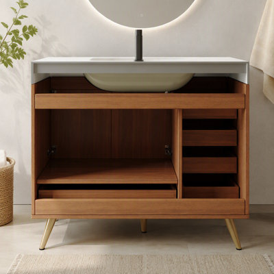 Meuble-lavabo autoportant de 91 cm (36 po) avec comptoir en faux marbre, lavabo en céramique, 5 tiroirs et pieds en acier inoxydable