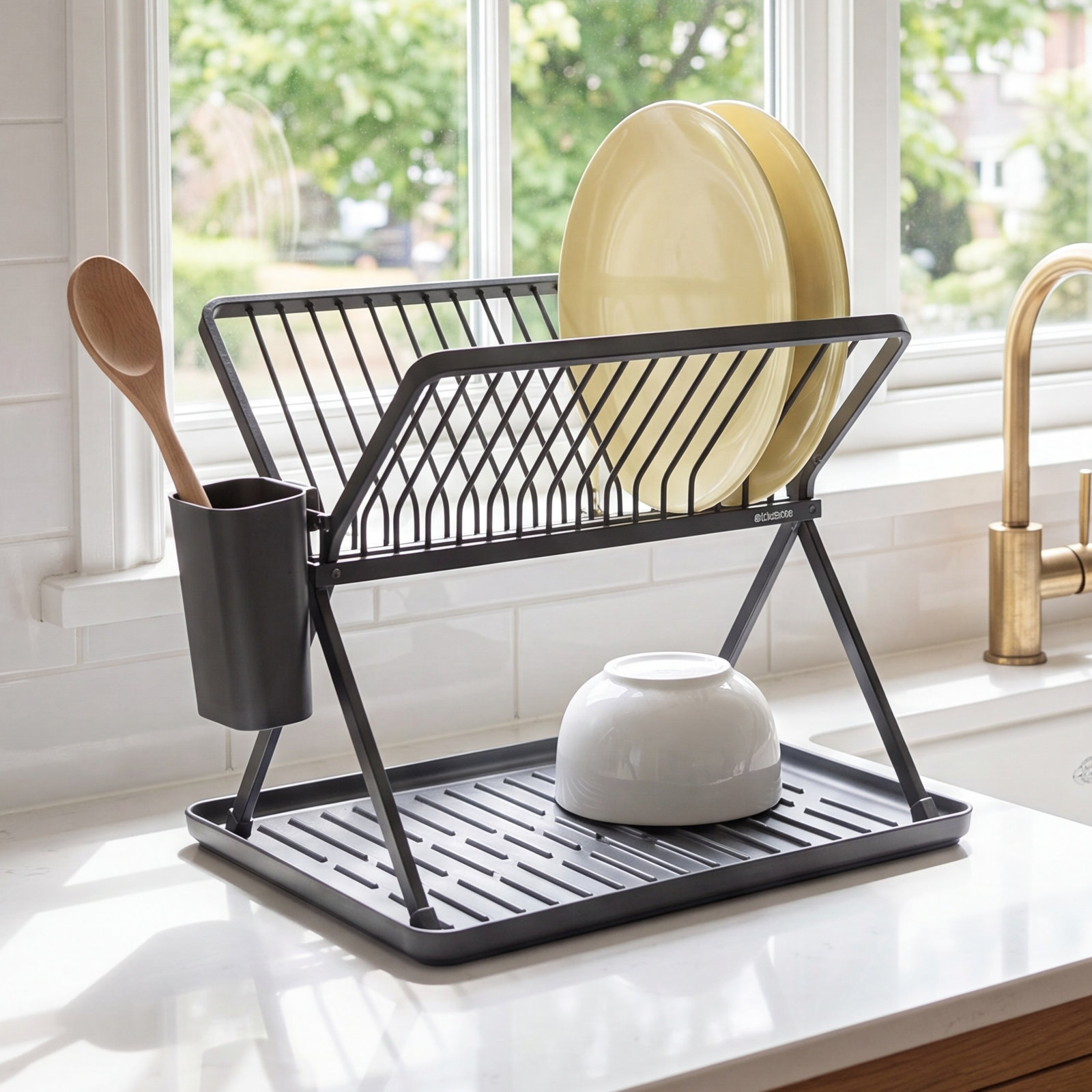 Brabantia Foldable Dish Rack, Dark Gray, 12.4" H x 14.6" W x 13" D 