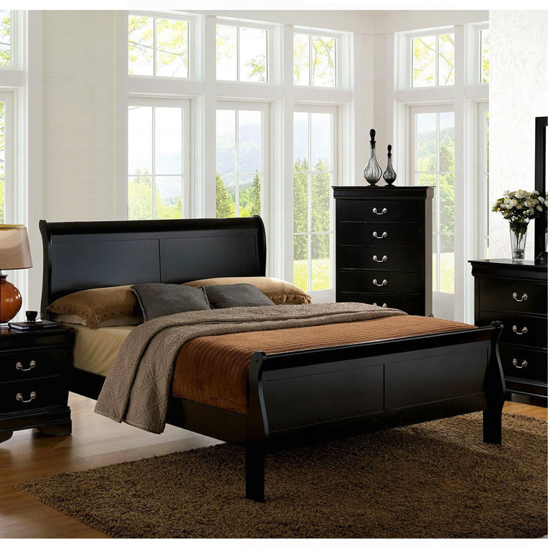 Lit en bois massif noir 1pc, Lit simple