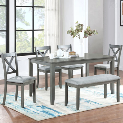 6-Piece Kitchen Dining Set: Rectangular Wooden Table & 4 Upholstered Chairs + Bench, Seats 6