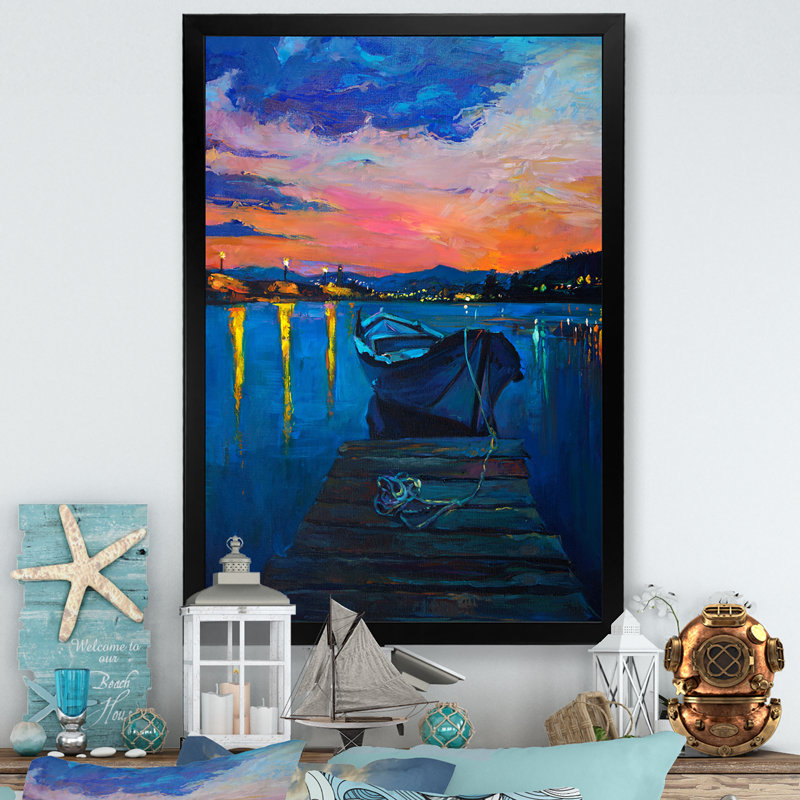Bateau sur le quai pendant la nuit, Cadre noir, H 20 po x l 12 po x P 1 po