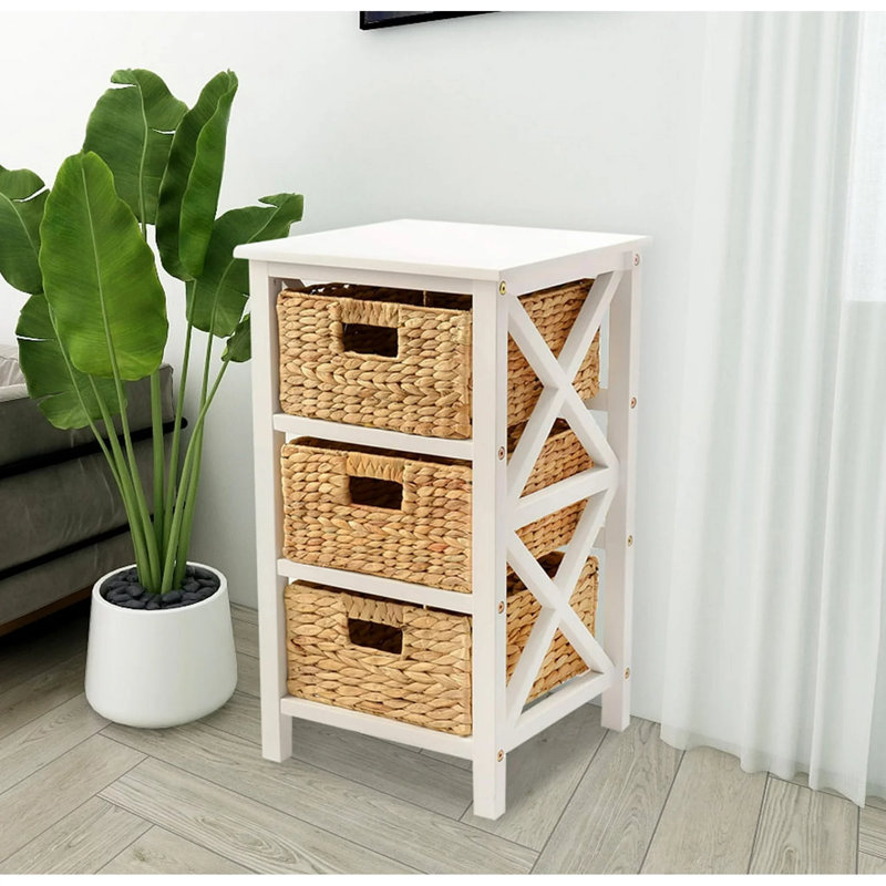 Table de bout en X à 3 tiroirs en bois avec paniers en osier pour le chevet, le salon, blanc Altenpohl, blanc