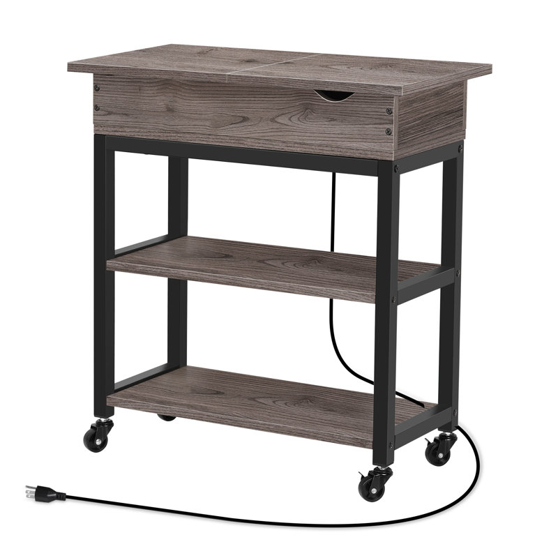 Solid Wood Top End Table and Built-In Outlets, Gray