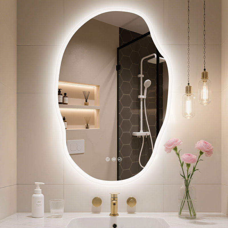 Miroir irrégulier à DEL avec Bluetooth, désembueur et mémoire, Forme organique