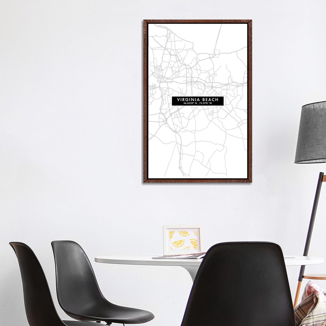 Virginia Beach Stadtplan Minimal Style von WallDecorAddict - Galerie-umwickelte Leinwand Giclée auf Leinwand