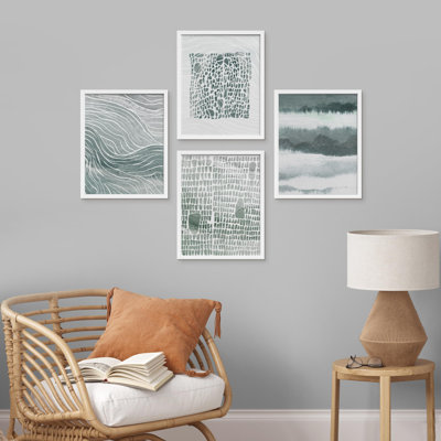 " Bathroom Decor Pastel Teal Gray Minimal Landscape " 4 - Pieces
