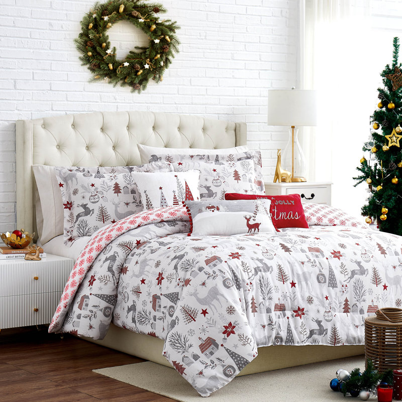 Ensemble d'édredon réversible en microfibre Holly Jolly, Édredon de très grande taille et 5 pièces suppl
