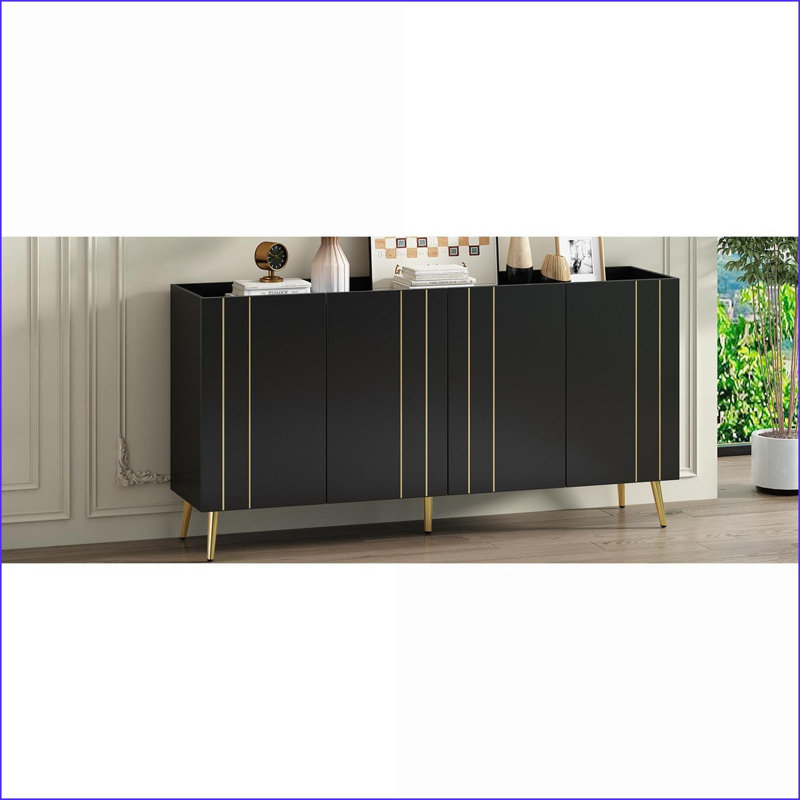 Armoires, noir minimaliste & amp; Armoire de rangement polyvalente dorée avec tablettes réglables, largeur 62,9 po | Panneau de particules et panneau de fibres à densité moyenne | Salon