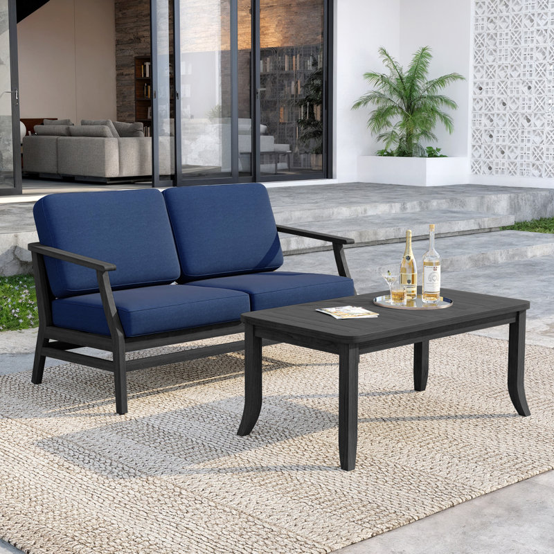 Ensemble de patio extérieur en teck pour deux personnes avec coussins et table d'appoint Polett, Marine, Noir