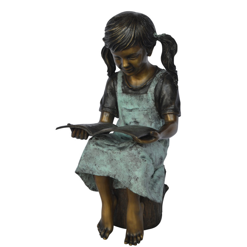 Statue de jeune fille assise et lisant un livre en bronze - Taille: L 16 po x l 12 po x H 27 po.