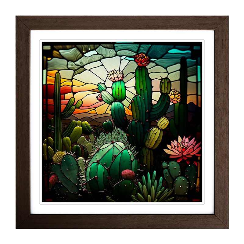 Cactus Stained Glass Effect - Framed Print, Walnut