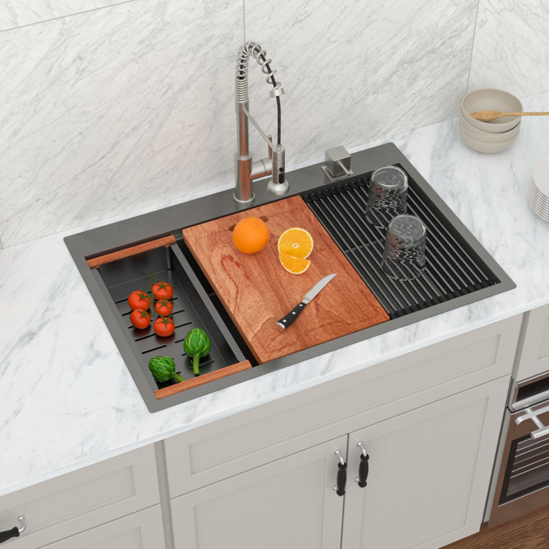 33" x 22" Gunmetal Black Drop-in Kitchen Sink Stainless Steel Workstation Sink with Two Faucet Hole