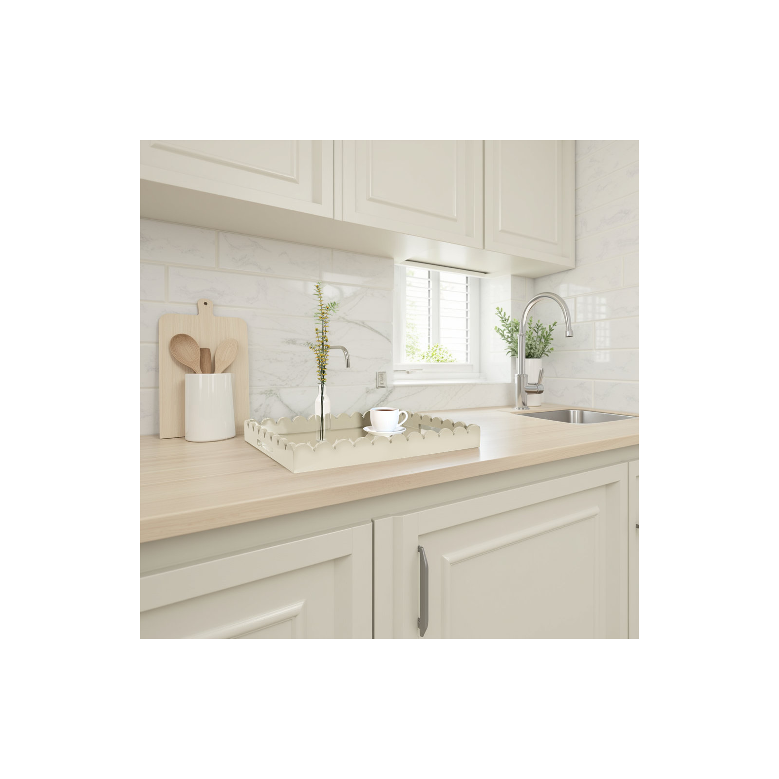 Hindley Hand-Crafted Rectangular Scalloped Wood Tray, Gray