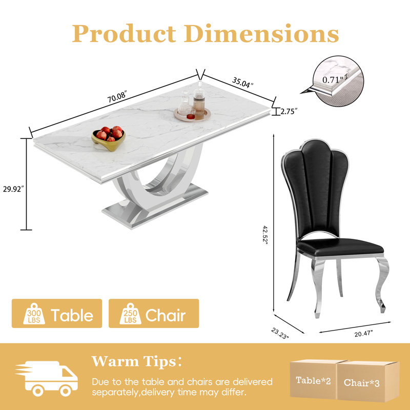 Ensemble de table de salle à manger 7 pièces, panneau de fibres à densité moyenne avec placage de marbre et 6 chaises en similicuir - Mobilier de salle à manger moderne