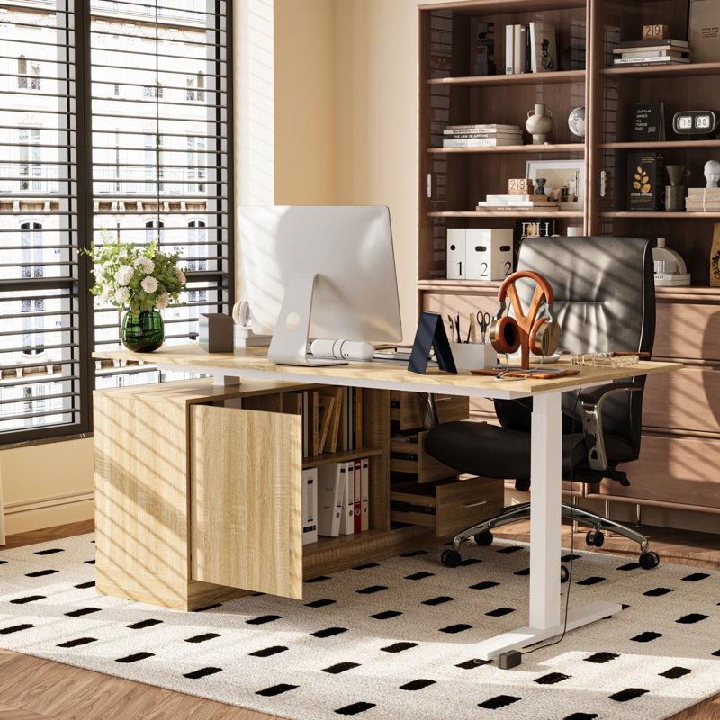 Marcale Multifunctional Adjustable Corner Desk, Beige/White Beige
