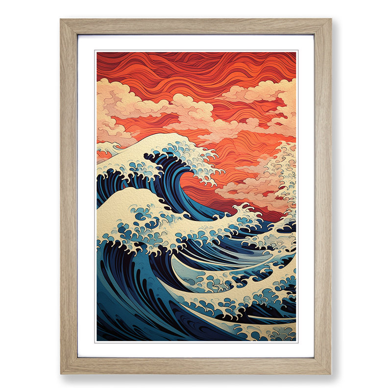 Wave Japanese Geometric Art - Framed Print, 64cm H x 46cm W, Oak Framed