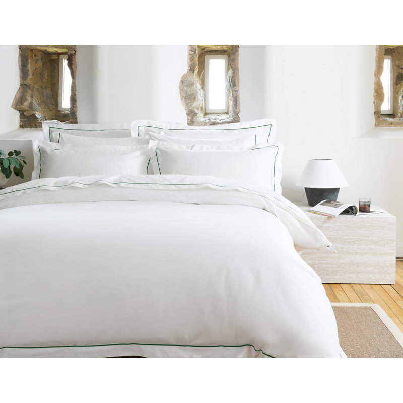 Premium Sateen Flat Sheet, White/Green, Queen Flat Sheet