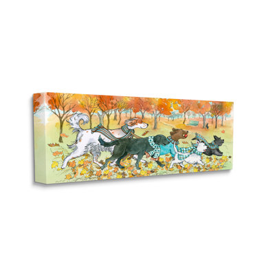 «Dogs Run in Autumn Leaves Fall Animals» par Sherri Buck Baldwin - reproduction d'art