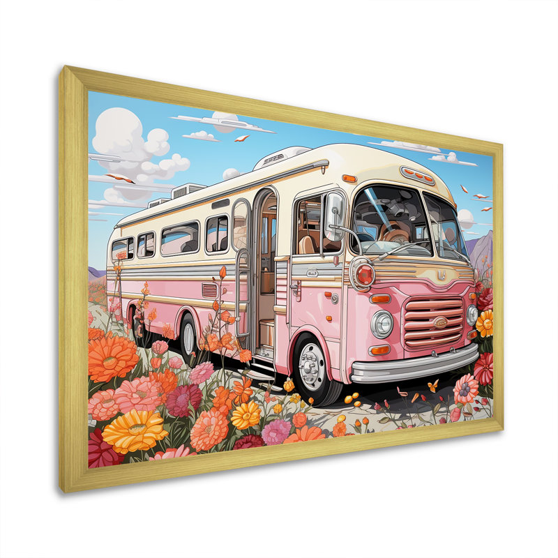 «Pink Camping Van Desert Getaway I», art mural de voyage en camping, Cadre doré à coins fermés, H 16 po x l 32 po x P 1 po