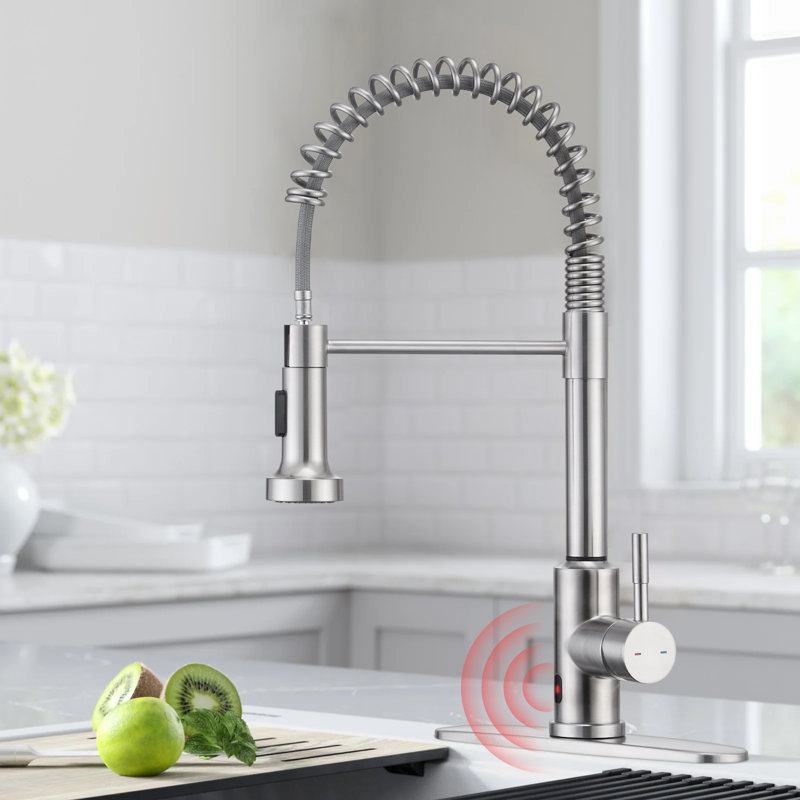 Robinet de cuisine à poignée simple sans contact avec plaque de pont KPAida, nickel brossé