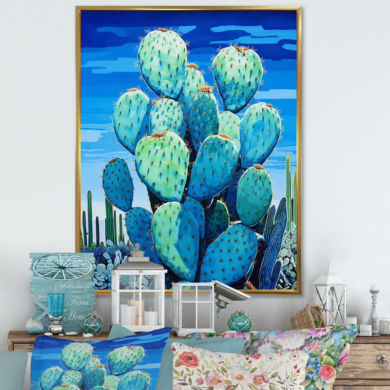 «Cerulean Blue Cactus Collage I», reproduction sur toile, Cadre flottant doré, H 32 po x l 16 po