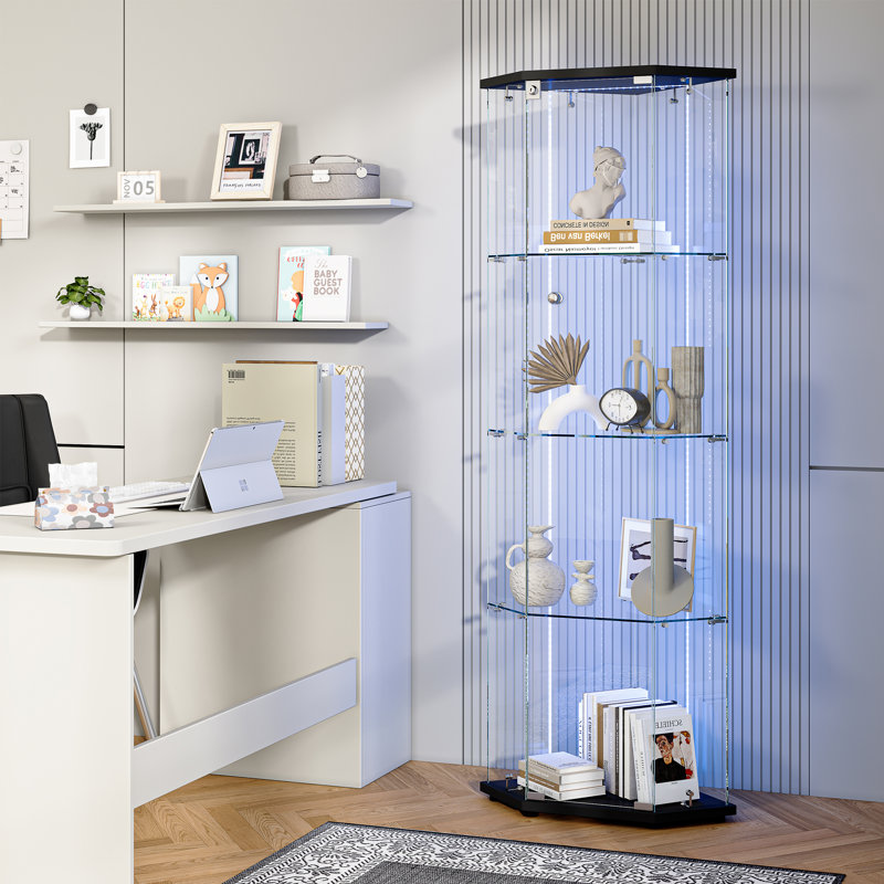 Corner Single Door 4-Tier Glass Display Cabinet With LED Lights, Black