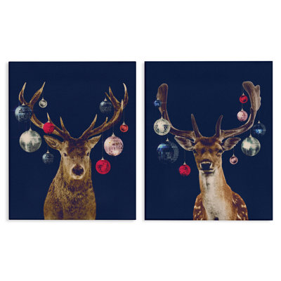 Navy Brown Disco Deer 2 PC Canvas Wall Art Set by Victoria Barnes